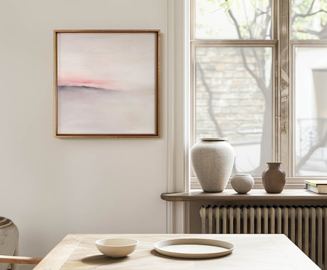 Dreamy minimalist landscape in soft rose and misty grey for a peaceful ambience.
