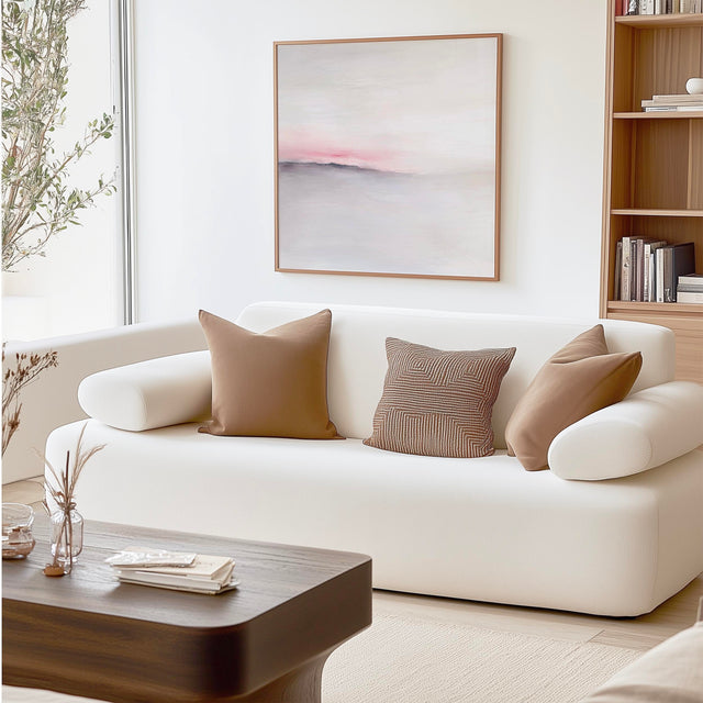 Tranquil square landscape print with delicate washes in pink and grey.