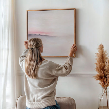 Abstract artwork horizon in blush pink and warm grey tones, serene home decor.