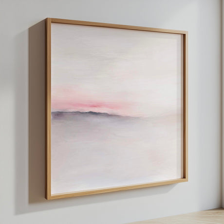 Gentle pastel dawn landscape art, calming pink and grey hues for modern walls.