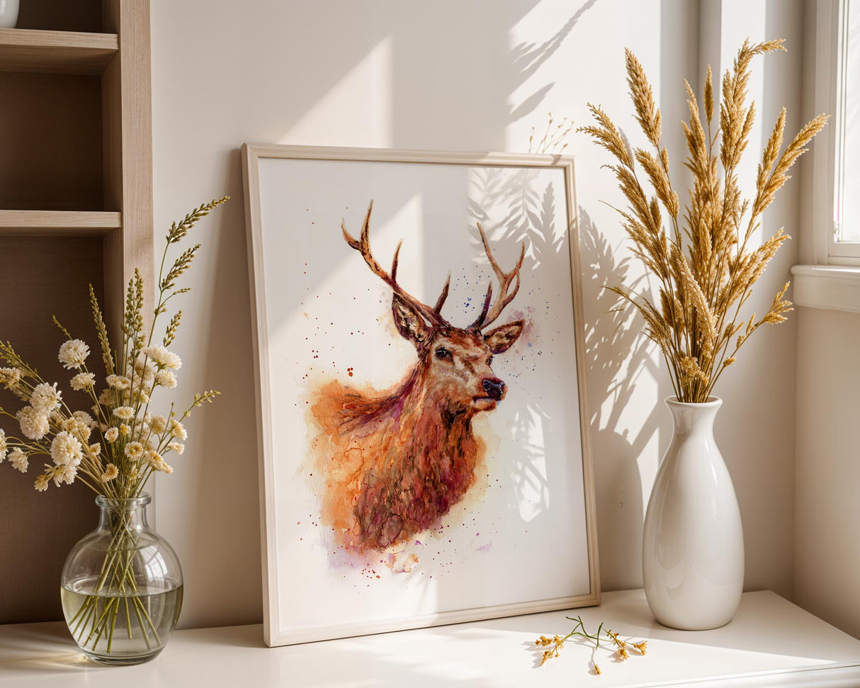 Majestic stag head in a loose watercolour style, ideal for nature-inspired wall decor.