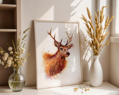 Majestic stag head in a loose watercolour style, ideal for nature-inspired wall decor.
