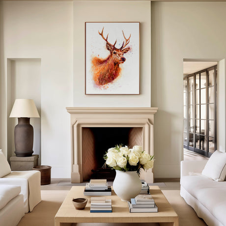 'Monarch of the Glen' - Canvas stag print in rich russet and amber watercolour tones, rustic home decor country home decor for cottage and highland inspired interiors by Crafty Cow Design.