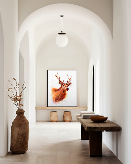 'Monarch of the Glen' - Canvas stag print showing magnificent antlers and proud bearing in rich russet watercolour, rustic home decor wall art country by Crafty Cow Design.