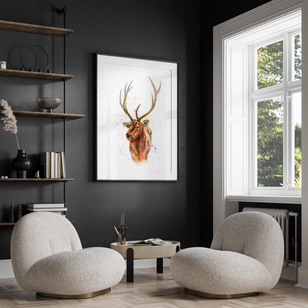 Rustic stag head watercolor print, a distinctive addition to modern interiors, Forest animal prints for a touch of elegance