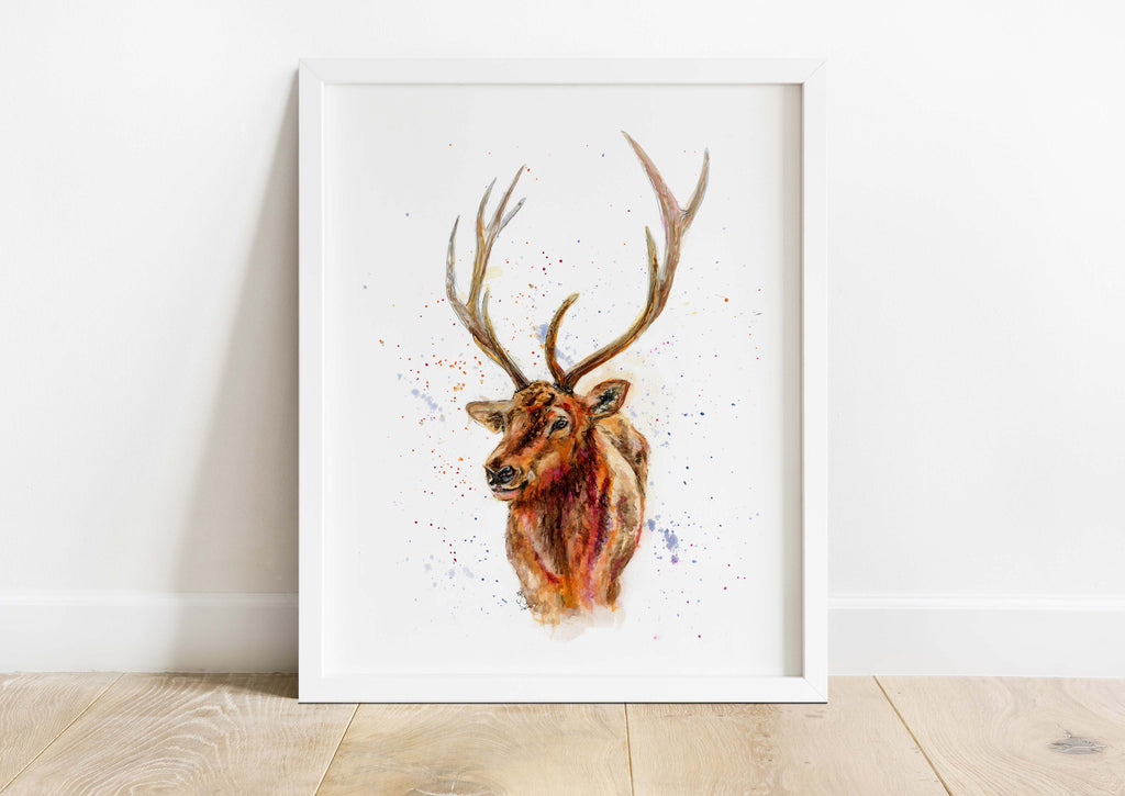 Living room decor with a rustic touch: handpainted stag head art print, Contemporary watercolor deer print