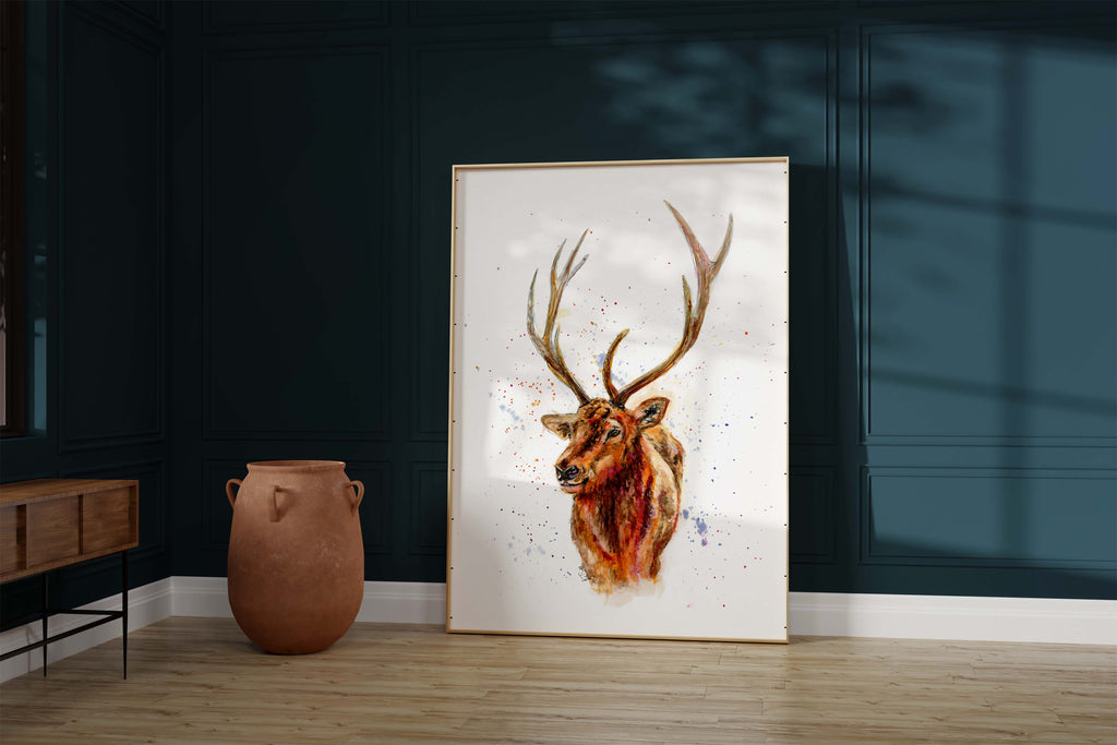 Contemporary watercolor stag art gift, perfect for home antler decor, Unique rustic style deer head print gift for nature lovers
