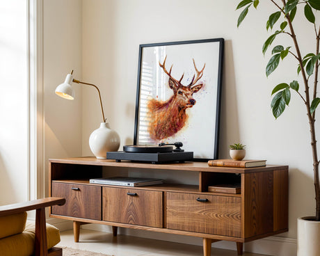 Watercolour stag head print featuring a majestic deer, perfect for rustic home decor.