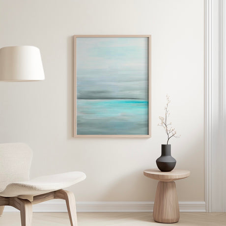 Peaceful ocean wall art print 'Still Sea', neutral grey and turquoise sea inspired painting for coastal decor.