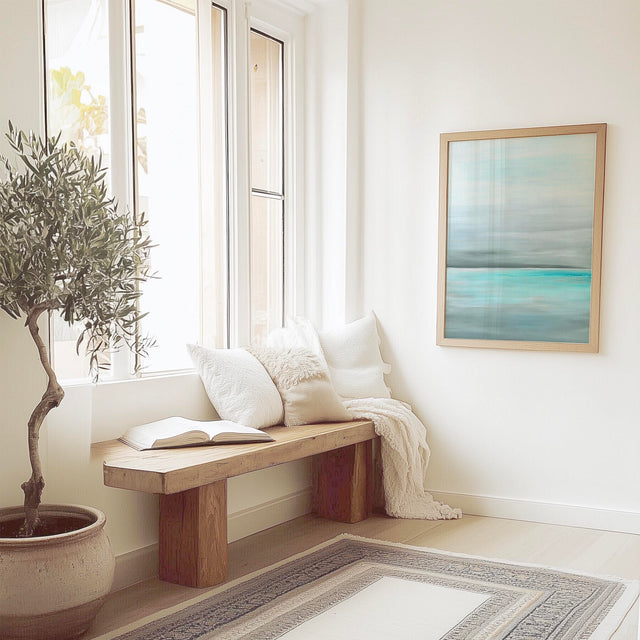 'Still Sea' neutral ocean art print, soft grey and turquoise tones capturing the calm beauty of still water.