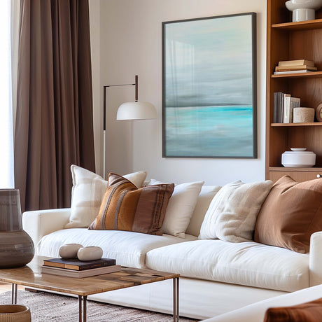 Still ocean art print 'Still Sea', a calm and tranquil sea scene in soft greys and turquoise for peaceful home decor.