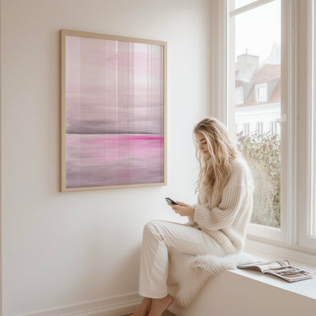 Tranquil seascape art print in soft pink and grey hues, perfect for bedrooms or peaceful minimalist interiors.