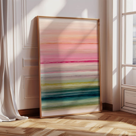 A fresh and uplifting abstract print featuring a combination of warm and cool tones in horizontal bands.