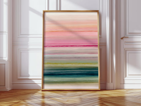 A modern abstract art print titled Spring is Here, featuring horizontal stripes in a mix of warm and cool colors.
