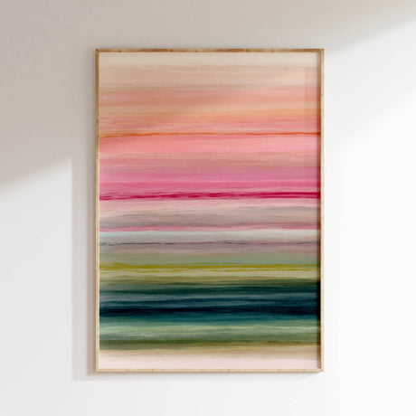 A colorful abstract print with stripes in shades of peach, pink, orange, turquoise, blue, and green, inspired by spring.