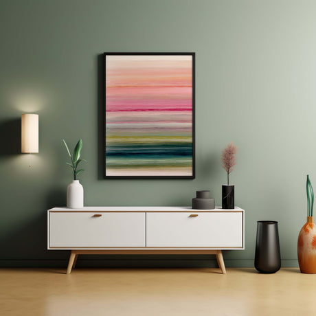 A vibrant abstract composition featuring horizontal bands of color in shades of beige, peach, pink, blue, and green.