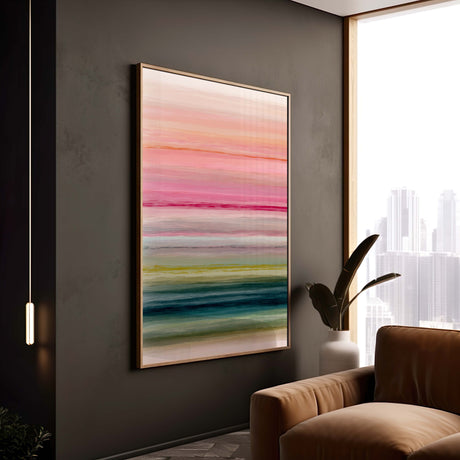A modern minimalist art print with layered horizontal stripes in soft pastels and rich jewel tones.