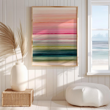 A warm and cool-toned striped abstract print, adding a pop of color to any home or office.