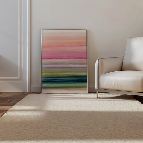 A chic and modern abstract print with horizontal brushstroke bands in a soothing yet vibrant color palette.