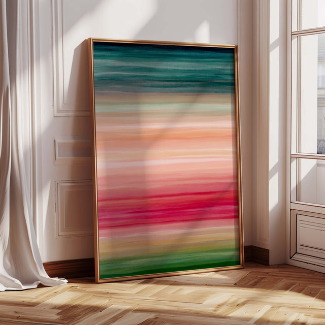 Colourful digital painting titled Summer featuring bold horizontal stripes in teal, green, and pink.