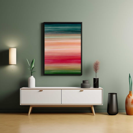 Summer-themed abstract painting featuring bold and expressive horizontal stripes in fresh, lively hues.