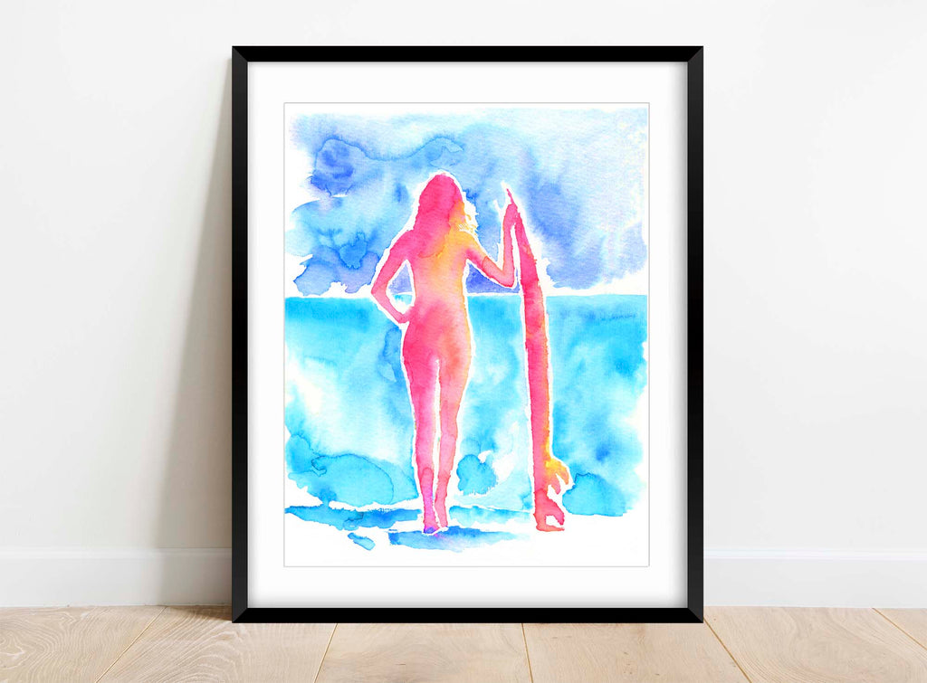 Colorful watercolor surfer girl print with turquoise, pink, and yellow, Elegant surfer girl print in turquoise, pink, and yellow watercolors