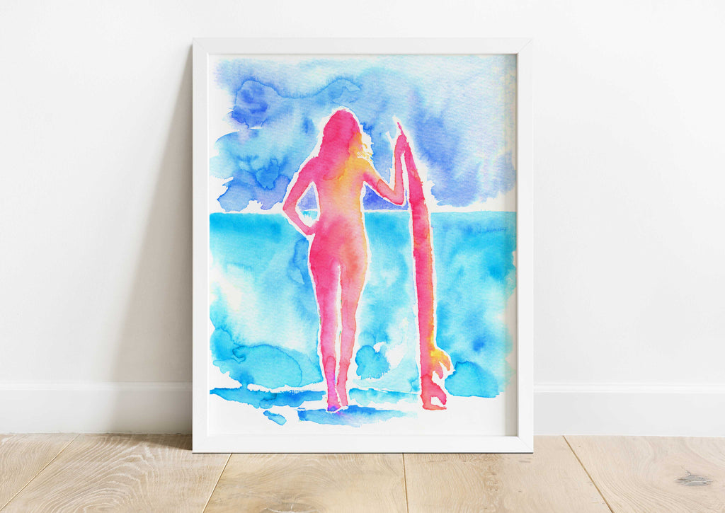 Bright and vivid surf-themed print with turquoise, pink, and yellow hues, Lively surf-inspired print in turquoise, pink, and yellow