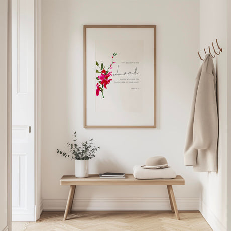 Psalm 37 4 print with pink orchids, Take Delight In The Lord, faith-inspired wall art. Pink orchid Christian gift print, Take Delight In The Lord, Psalm 37 4 scripture decor.