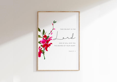 Modern Bible verse wall art with pink orchid, inspirational Christian home decor.