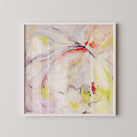 'Taking Flight' – Abstract print with pink, violet, yellow, and green.