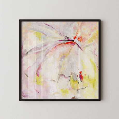 'Taking Flight' – Abstract print with pink, violet, yellow, and green.