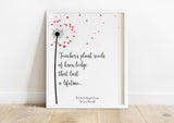 Custom teacher appreciation poster with heart-shaped fluff, Personalised teacher gift with dandelion design and quote