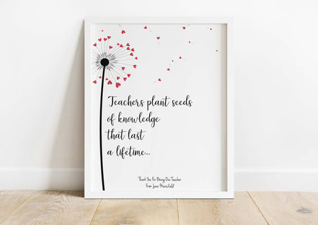 Custom teacher appreciation poster with heart-shaped fluff, Personalised teacher gift with dandelion design and quote