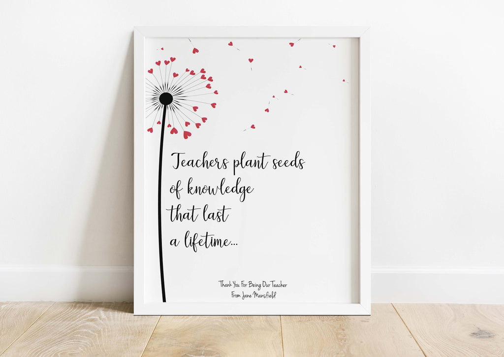 Custom teacher appreciation poster with heart-shaped fluff, Personalised teacher gift with dandelion design and quote