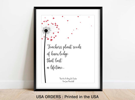 Custom teacher print with heart-shaped puffs and personalisation, Heartfelt teacher appreciation artwork with personalised touch