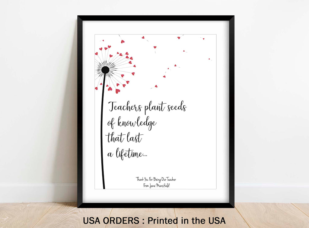 Custom teacher print with heart-shaped puffs and personalisation, Heartfelt teacher appreciation artwork with personalised touch