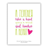 Personalised teacher quote art in pink and green, suitable for nursery worker, preschool teacher, or daycare provider.