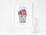 Personalised teacher quote print with flowerpot and watercolour flowers, Watercolour flowerpot print with customised teacher appreciation quote