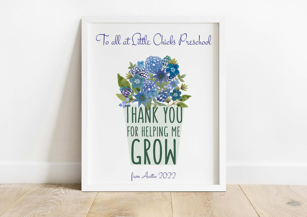 Teacher Print 1 - Thank You For Helping Me Grow, Teacher Gift Ideas For End Of School Year, Preschool Teacher Gifts UK