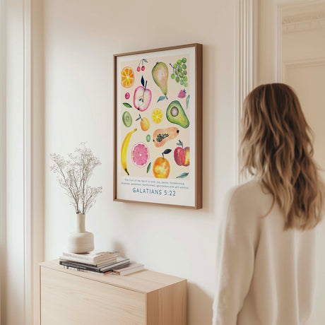 Fruit Of The Spirit wall art with Galatians 5:22 and soft watercolour fruit illustrations in peaceful tones.