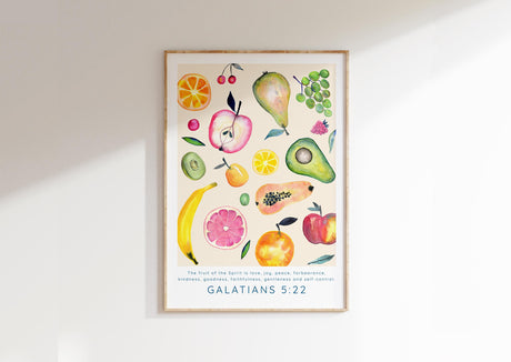 Love, Joy, Peace Watercolour Bible Verse Print, Watercolor Fruit and Faith Wall Art Galatians 5:22, Nursery Bible Wall Decor