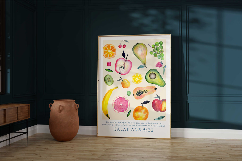 Fruit of the Spirit Nursery Bible Wall Decor, Watercolor Fruits of the Spirit Poster Print, Galatians 5:22 wall art for kitchen