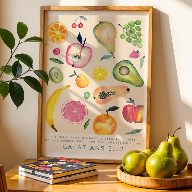 Christian Bible verse print featuring the Fruit Of The Spirit in a gentle watercolour fruit themed design.