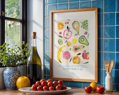 Galatians 5:22 watercolour art print with spiritual words and hand-painted fruits in soft pastel colours.