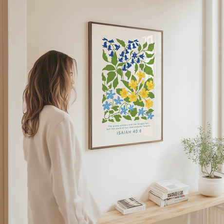 Bible verse art featuring “The grass withers and the flowers fall” quote with a peaceful botanical design.