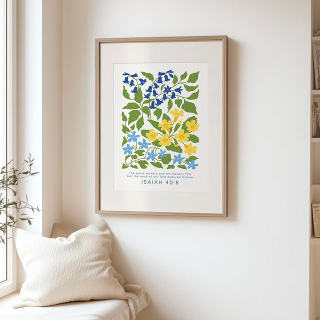 Christian print with Isaiah 40:8 scripture and delicate floral accents, symbolising God's enduring word.