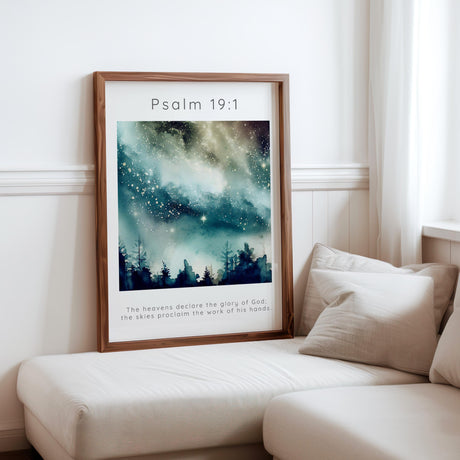 Elegant wall art of the night sky paired with Scripture about the majesty of the heavens. Psalm 19:1 verse art with stars and a poetic visual tribute to divine creation.