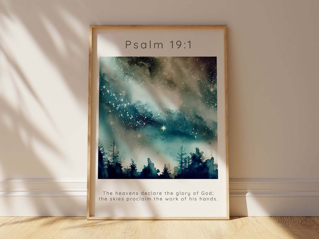 Inspirational scripture print with starry night background, Divine glory depicted in Psalm 19:1 night sky art, "The Heavens Declare" print
