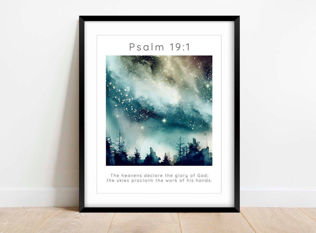 Personal sanctuary decor featuring Psalm 19:1, The beauty of God's hands in a night sky Bible print, starlit Psalm 19 1 wall art