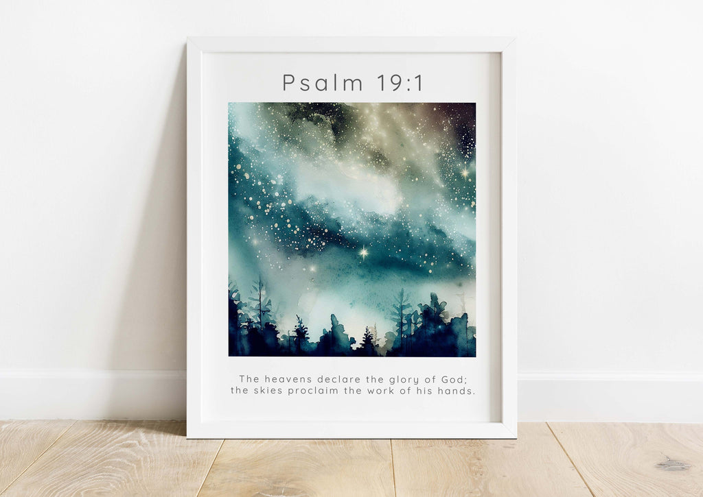 starlit Psalm 19 1 wall art for spiritual reflection, Captivating celestial scene with biblical significance